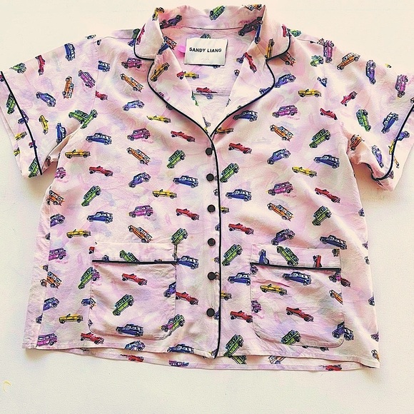 SANDY LIANG womens Large / 42 silk button down IMO top car print - Picture 1 of 14